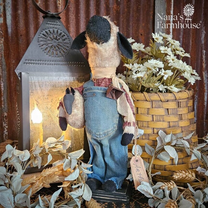 Sheep Boy Arthur Doll in Overalls Holding Lamb - 16"