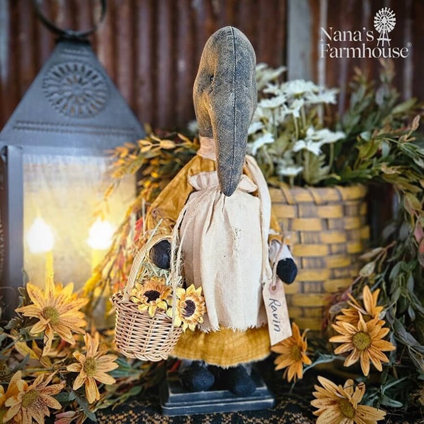 Primitive Crow Girl Doll Ravin with Basket Of Sunflowers - 16.5"