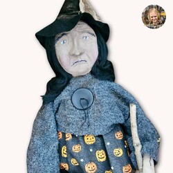 Clay Face Witch Pumpkin Printed Dress with Pumpkin & Broom - 21"