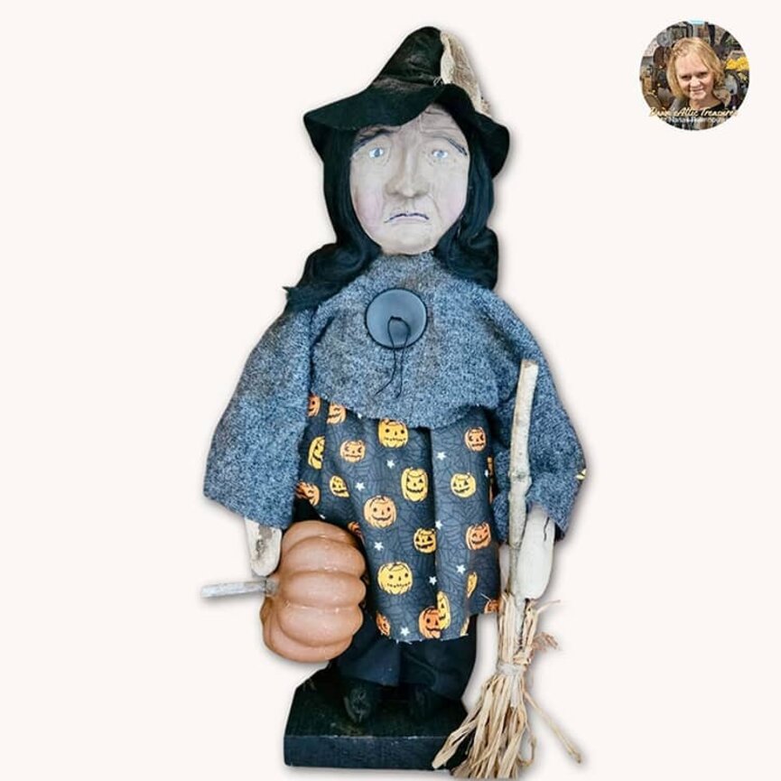 Clay Face Witch Pumpkin Printed Dress with Pumpkin & Broom - 21"