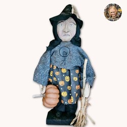 Clay Face Witch Pumpkin Printed Dress with Pumpkin & Broom - 21"