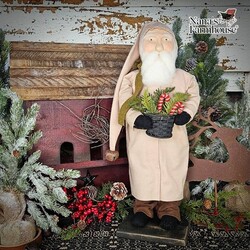 Santa in Tan Coat Holding Basket with Candy Canes & Greenery - 21"