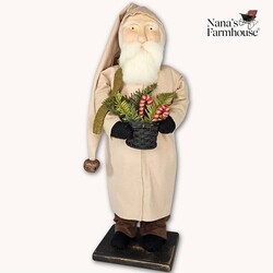 Santa in Tan Coat Holding Basket with Candy Canes & Greenery - 21"