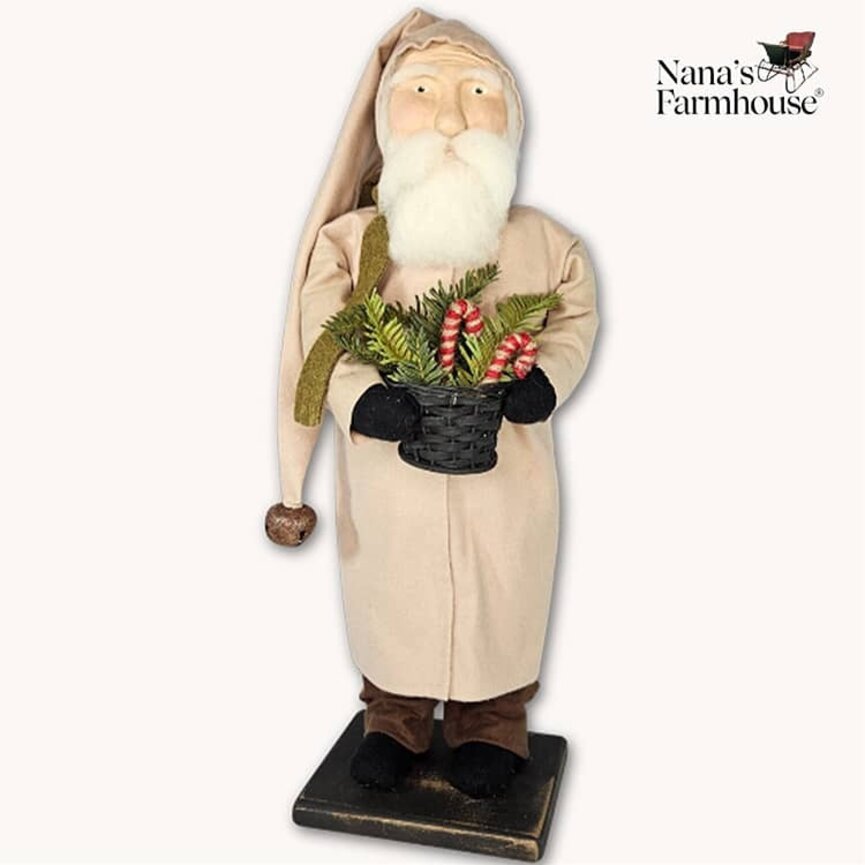 Santa in Tan Coat Holding Basket with Candy Canes & Greenery - 21"