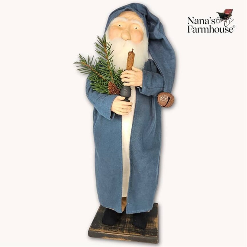 Santa Blue Coat Holding Candle & Greenery - 21"