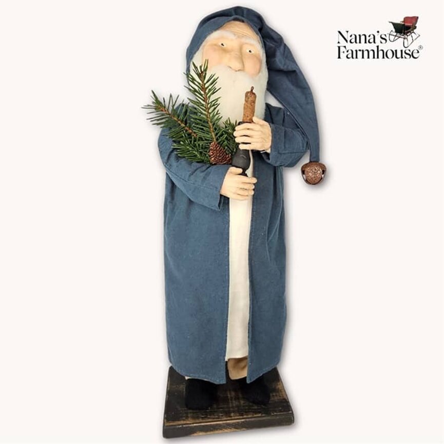 Santa Blue Coat Holding Candle & Greenery - 21"