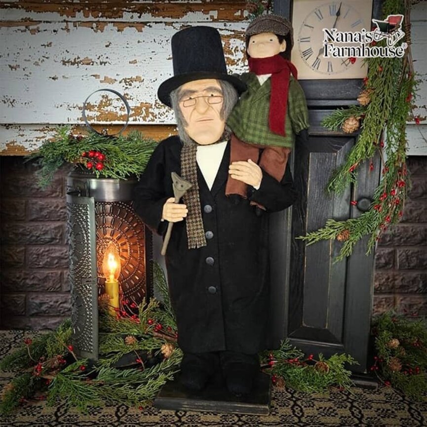 Scrooge Doll Holding Tiny Tim & Crutch - 24" T