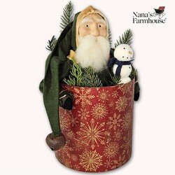 Santa Green Jacket In Red Snowflake Christmas Box Holding Snowman & Greenery - 13"
