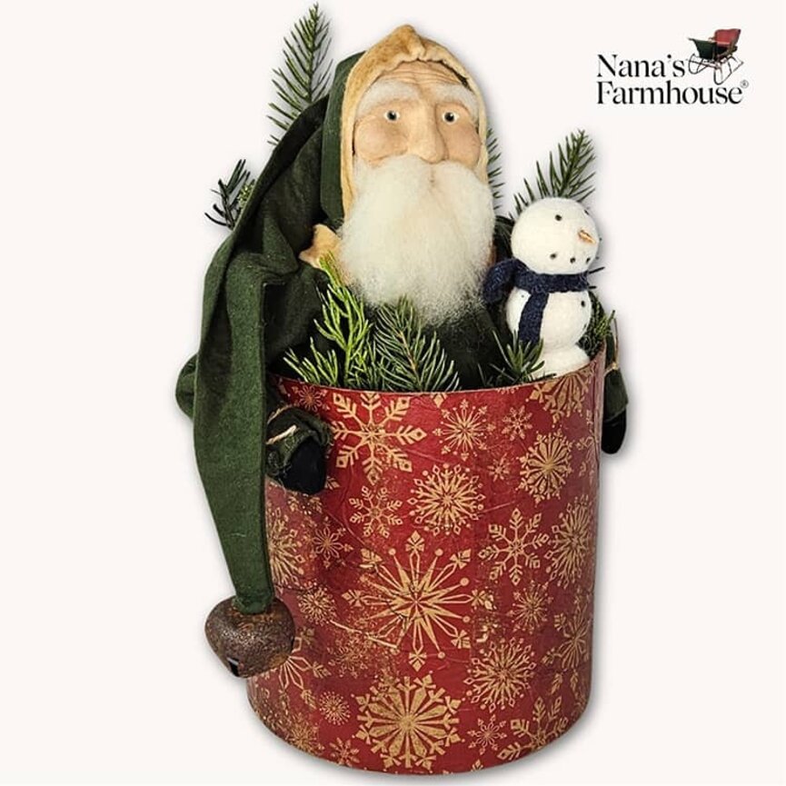 Santa Green Jacket In Red Snowflake Christmas Box Holding Snowman & Greenery - 13"