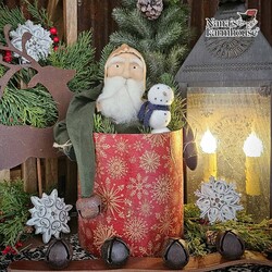 Santa Green Jacket In Red Snowflake Christmas Box Holding Snowman & Greenery - 13"