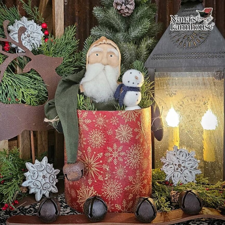 Santa Green Jacket In Red Snowflake Christmas Box Holding Snowman & Greenery - 13"