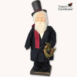 Santa in Top Hat and Long Coat Holding Wreath - 13.5"