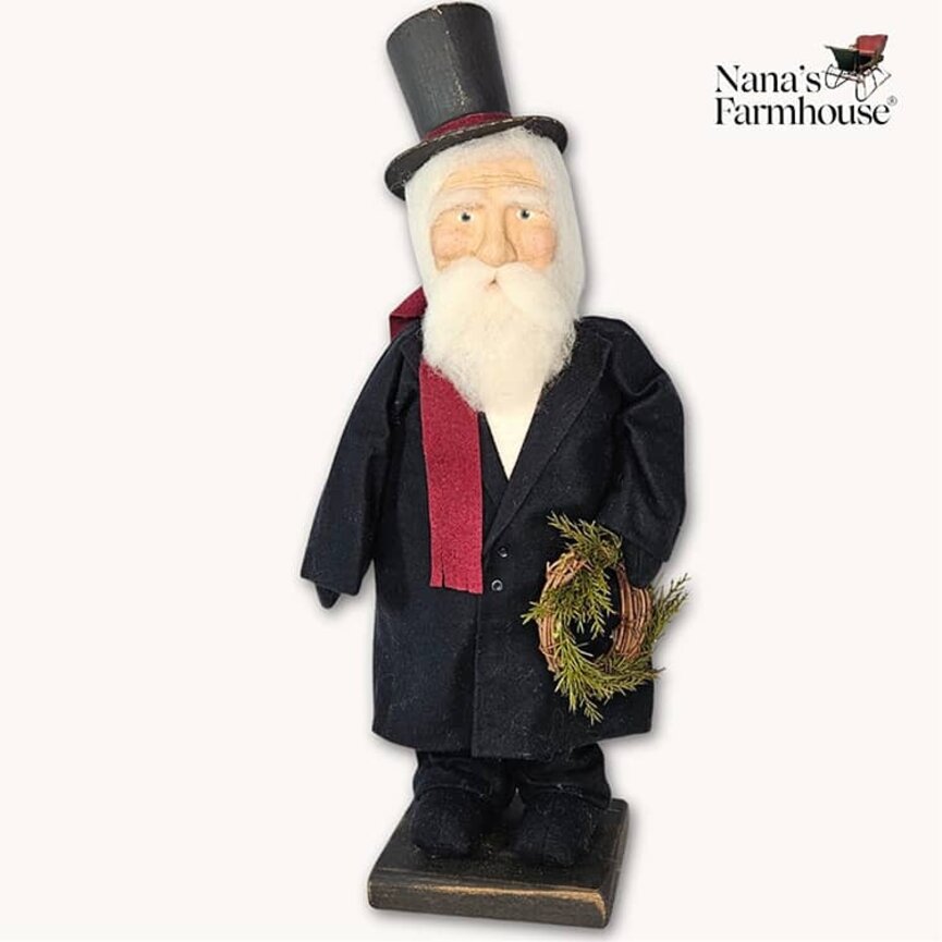 Santa in Top Hat and Long Coat Holding Wreath - 13.5"
