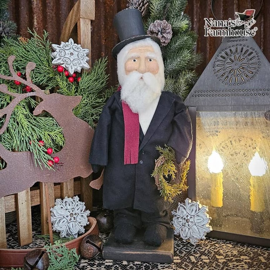 Santa in Top Hat and Long Coat Holding Wreath - 13.5"