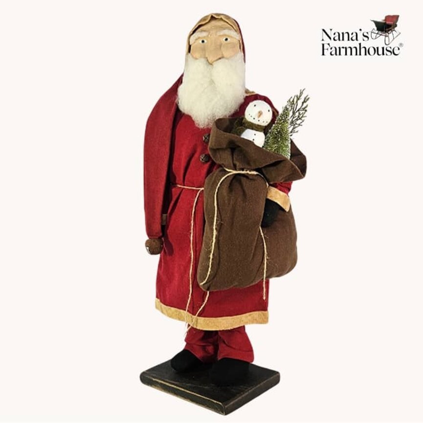 Santa Red Robe Red Cap with Snowman & Bottle Brush Tree In Bag - 23"