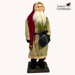 Santa Tan Coat Red Pants Red Cap with Greenery in Bag - 21" T