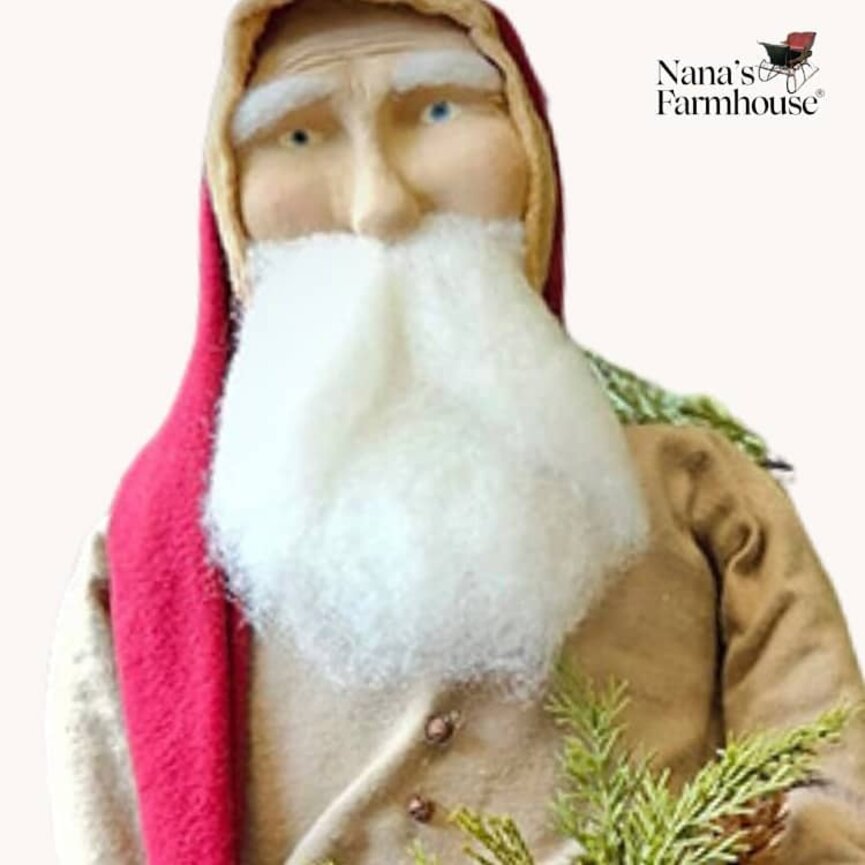 Santa Tan Coat Red Pants Red Cap with Greenery in Bag - 21" T