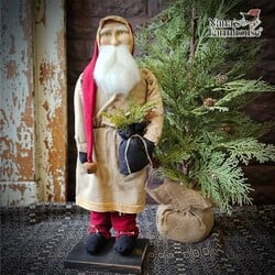 Santa Tan Coat Red Pants Red Cap with Greenery in Bag - 21" T