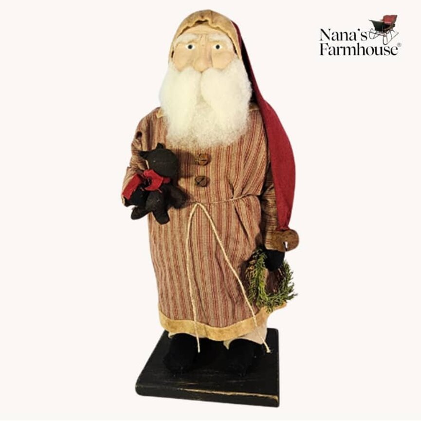Santa Red Ticking Coat Red Cap Holding Scottie Dog & Wreath - 18"