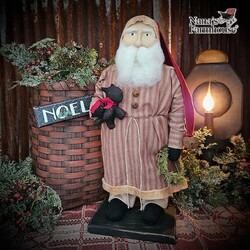 Santa Red Ticking Coat Red Cap Holding Scottie Dog & Wreath - 18"