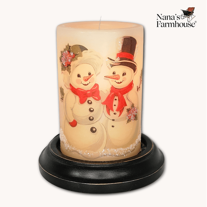 Vintage Snowman Couple Candle Sleeve - Antique Vanilla