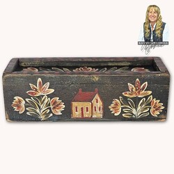 Kathy Graybill Hand Painted Antique Slide Lid Box Floral & Saltbox House - 9.5" Long
