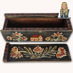 Kathy Graybill Hand Painted Antique Slide Lid Box Floral & Saltbox House - 9.5" Long