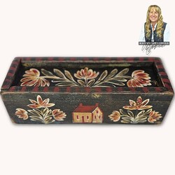 Kathy Graybill Hand Painted Antique Slide Lid Box Floral & Saltbox House - 9.5" Long