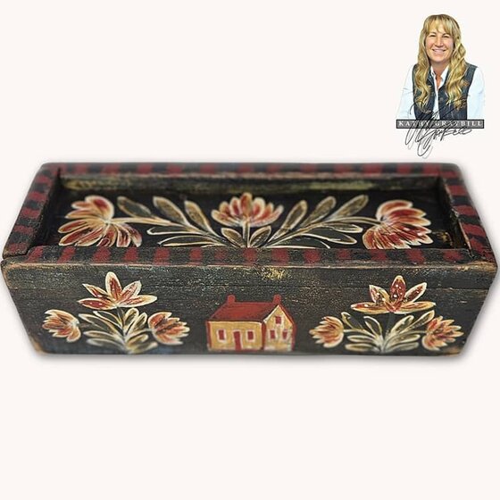 Antique Slide Lid Box Floral & Saltbox House