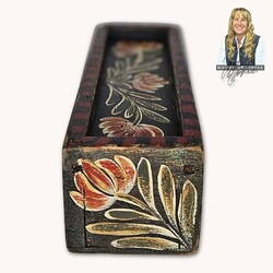 Kathy Graybill Hand Painted Antique Slide Lid Box Floral & Saltbox House - 9.5" Long