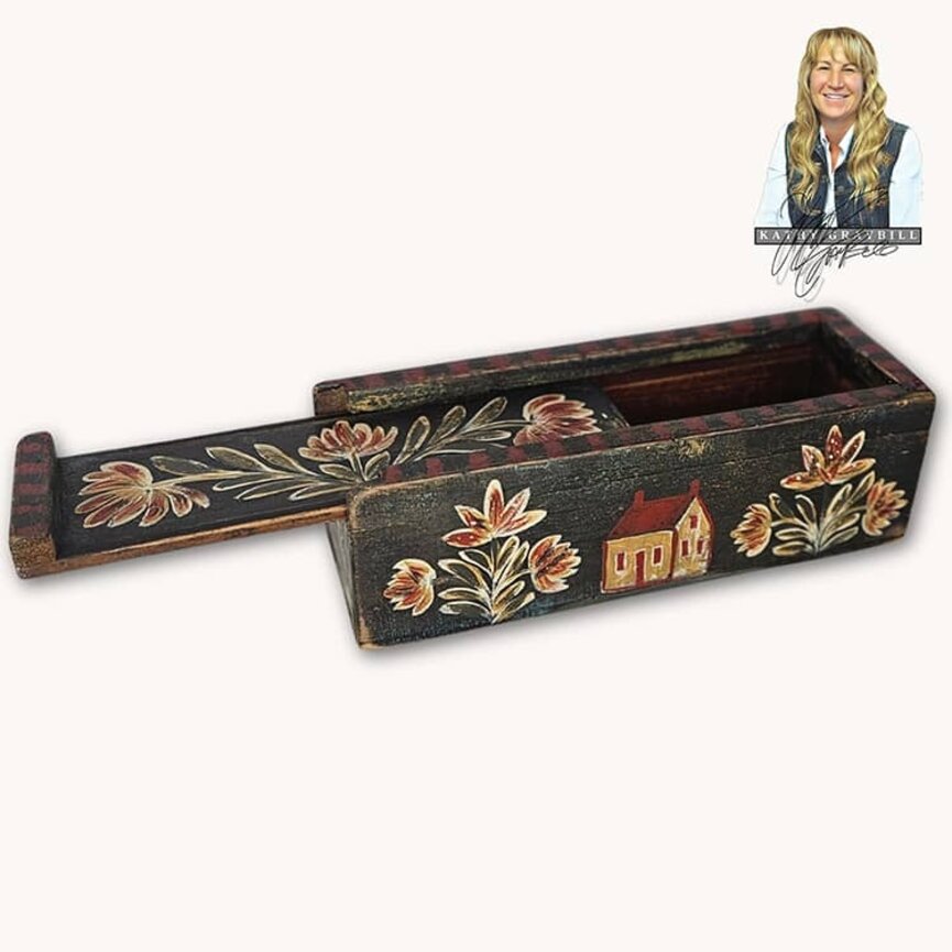 Kathy Graybill Hand Painted Antique Slide Lid Box Floral & Saltbox House - 9.5" Long