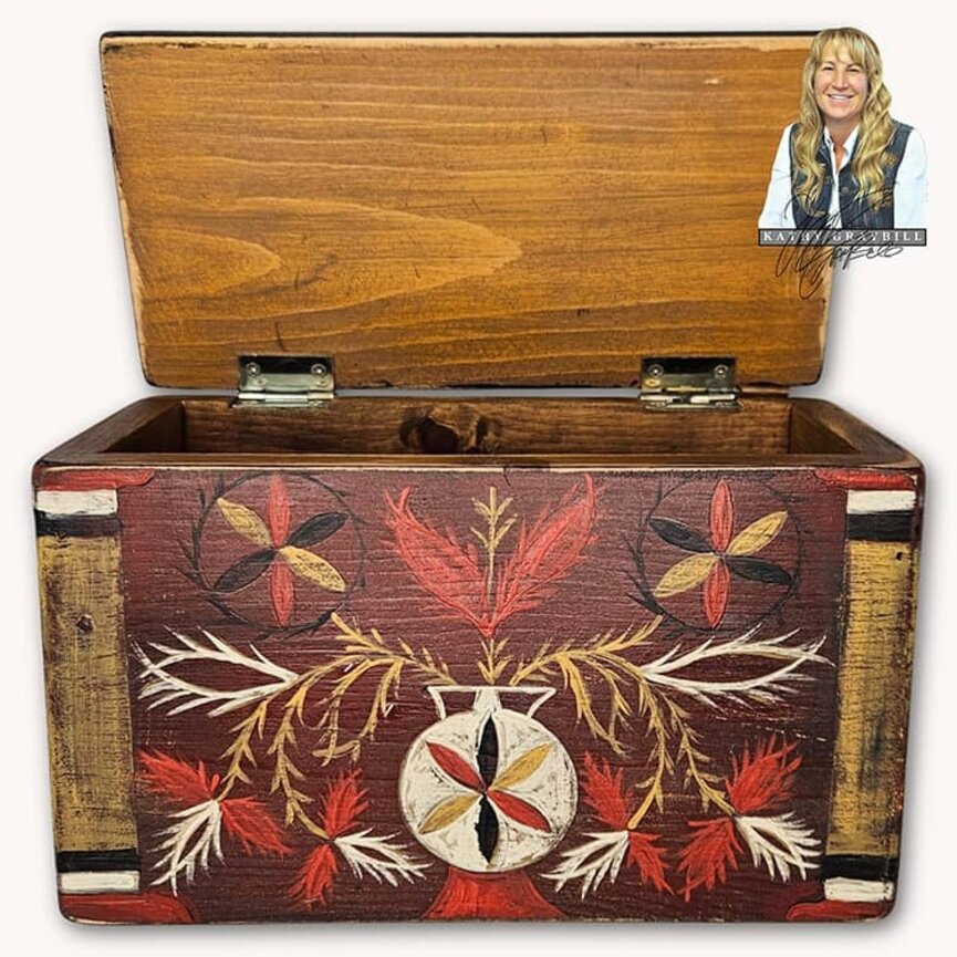 Kathy Graybill Hand Painted Antique Pinwheel Red Box - 11" x 7" x 5.25"