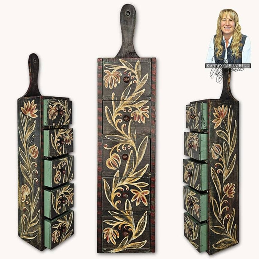 Kathy Graybill Hand Painted Antique Five Drawer Wall Box - 21.25" x 5" x 4"