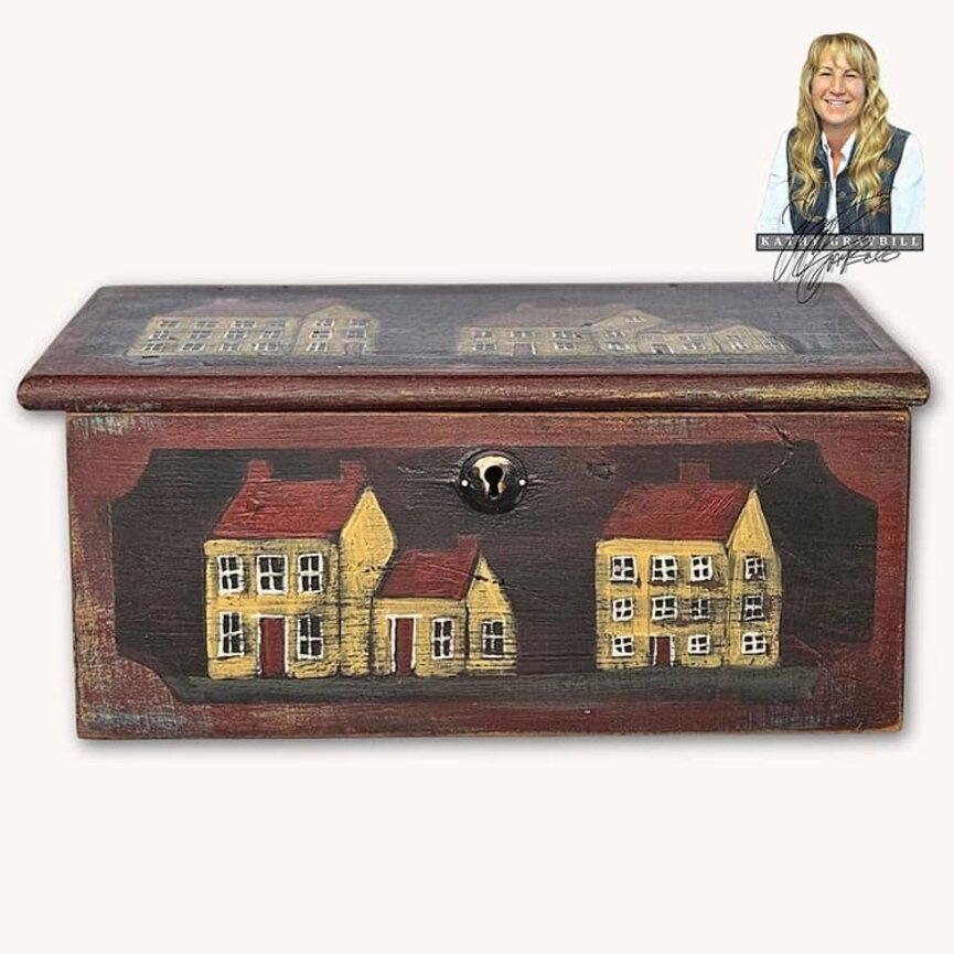 Kathy Graybill Hand Painted Antique Black Box Mustard House - 11" x 6.25" x 4.75"