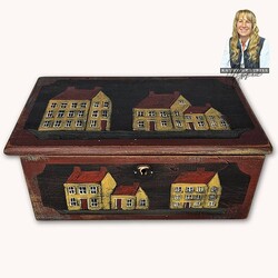 Kathy Graybill Hand Painted Antique Black Box Mustard House - 11" x 6.25" x 4.75"