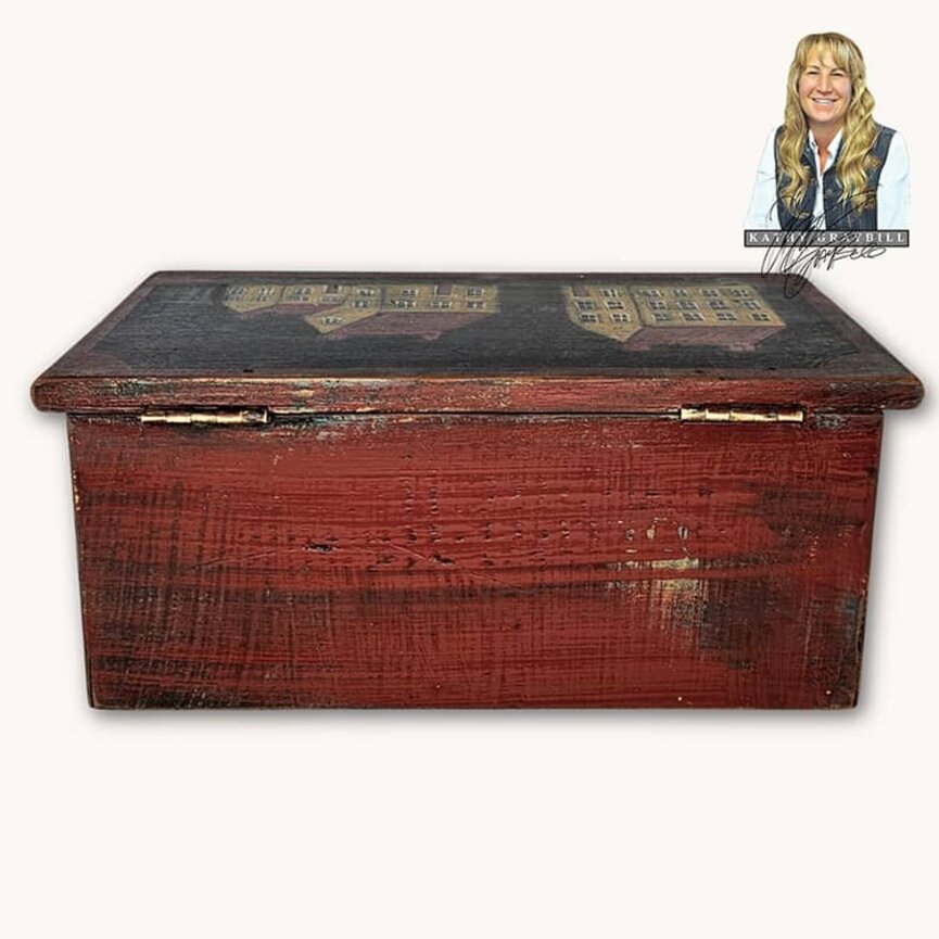 Kathy Graybill Hand Painted Antique Black Box Mustard House - 11" x 6.25" x 4.75"