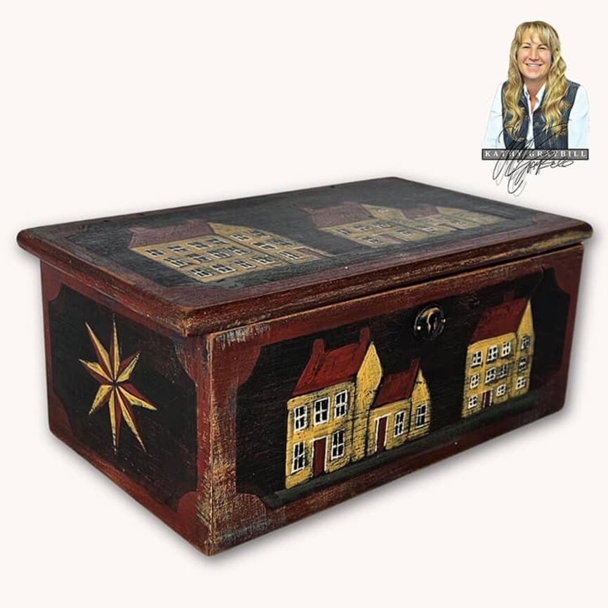 Kathy Graybill Hand Painted Antique Black Box Mustard House - 11" x 6.25" x 4.75"