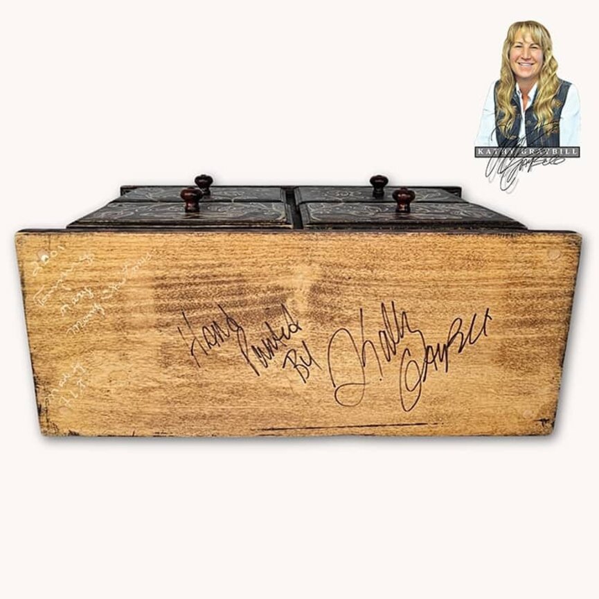 Kathy Graybill Hand Painted Antique Wooden Box W/Four Drawers Toile Style - 15.5" W x 11" T x 6.5" D