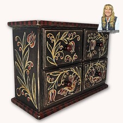 Kathy Graybill Hand Painted Antique Wooden Box W/Four Drawers Toile Style - 15.5" W x 11" T x 6.5" D