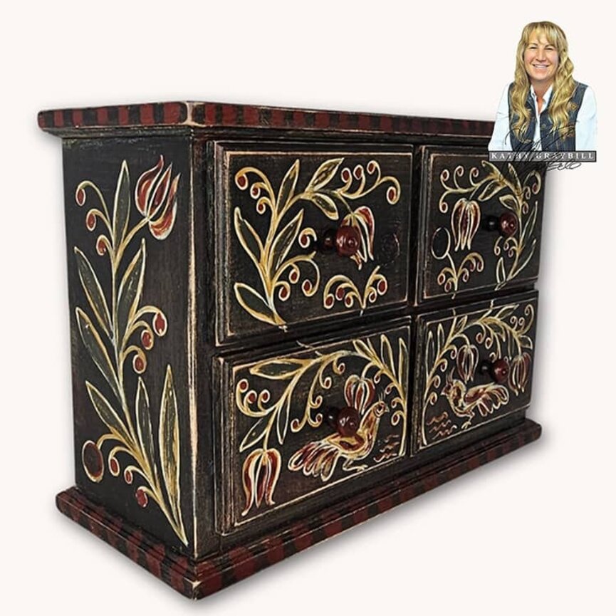 Kathy Graybill Hand Painted Antique Wooden Box W/Four Drawers Toile Style - 15.5" W x 11" T x 6.5" D