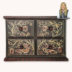 Kathy Graybill Hand Painted Antique Wooden Box W/Four Drawers Toile Style - 15.5" W x 11" T x 6.5" D