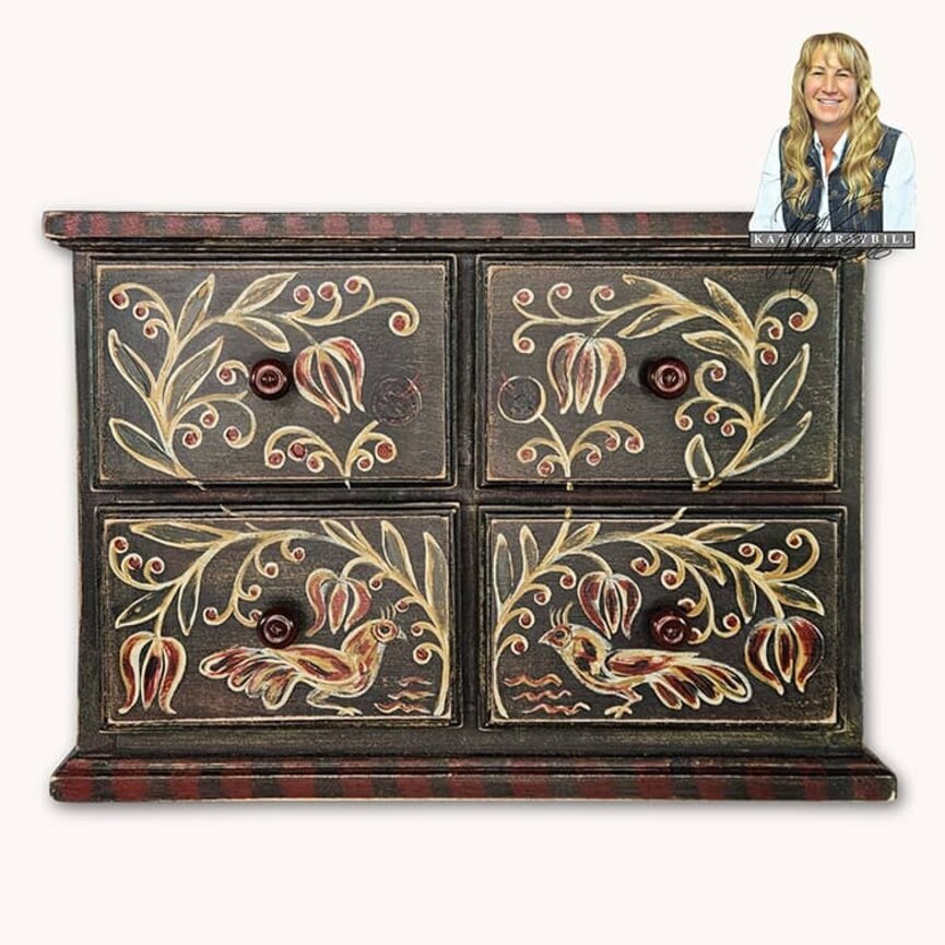 Kathy Graybill Hand Painted Antique Wooden Box W/Four Drawers Toile Style - 15.5" W x 11" T x 6.5" D