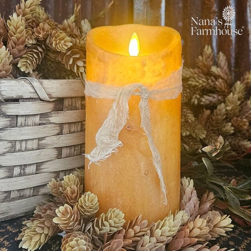 Hand Dipped Moving Flame Timer Pillar Candle Mustard 7 T x 3.5 Dia