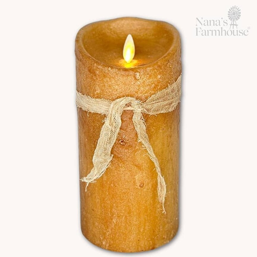 Hand Dipped Moving Flame Timer Pillar Candle Mustard 7 T x 3.5 Dia