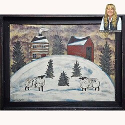 Kathy Graybill Hand Painted Log Cabin, Red Barn Sheep Original Artwork - 21" x 27"