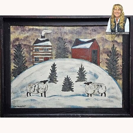 Log Cabin, Red Barn Sheep Original Artwork
