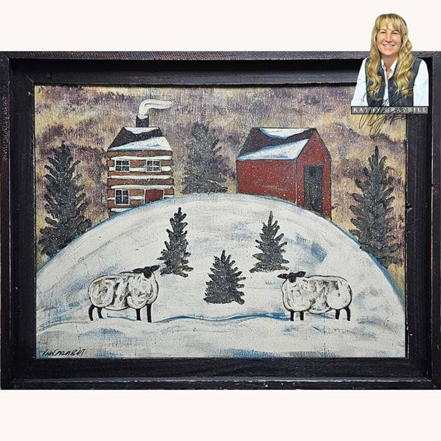 Kathy Graybill Hand Painted Log Cabin, Red Barn Sheep Original Artwork - 21" x 27"