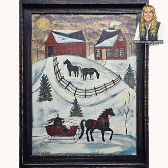 Horse Farm Snow Scene with Sleigh with House