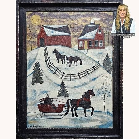 Horse Farm Snow Scene with Sleigh with House
