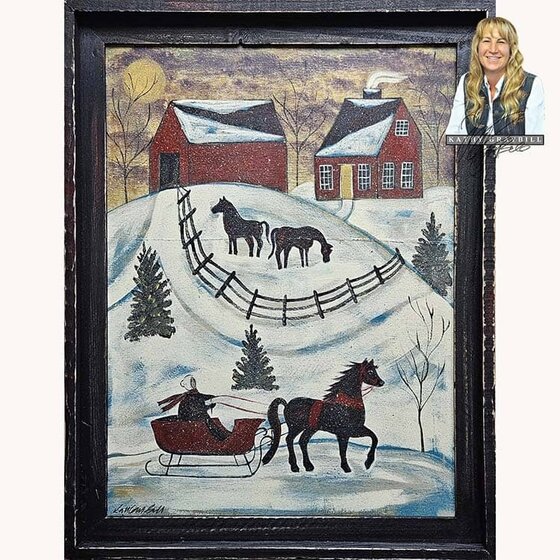 Horse Farm Snow Scene with Sleigh with House